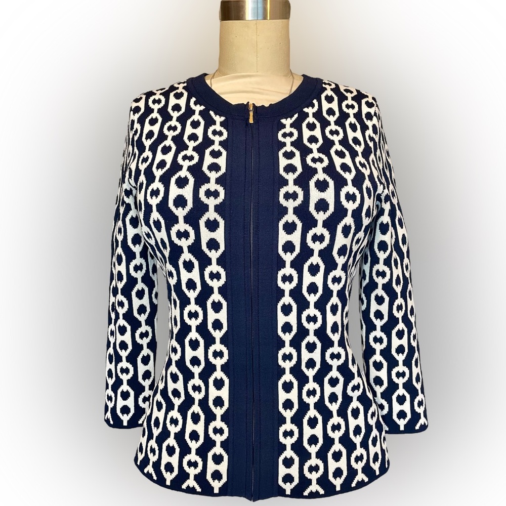 Like New Vintage white Chain navy Jacquard knit sweater zipper cardigan small